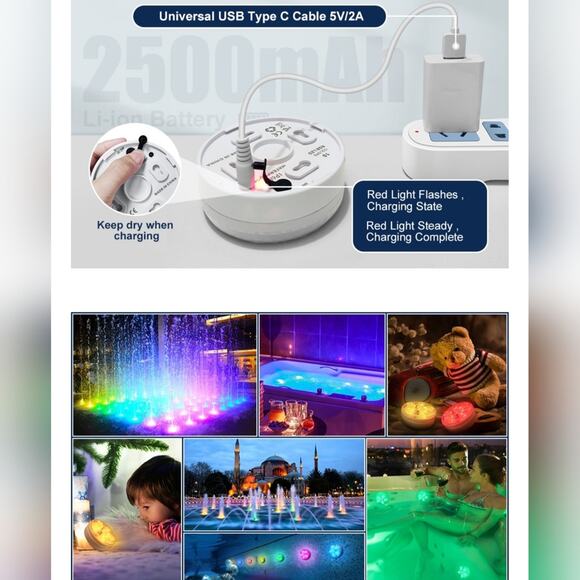 Swimming Pool LED Lights 4 Pack Multi-Color Submersible Rechargeable Underwater - Picture 9 of 10